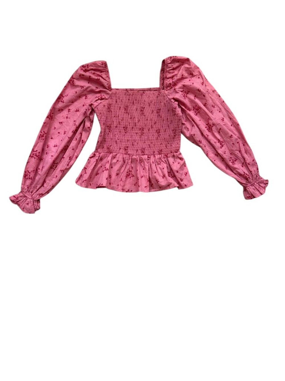 Dizzy Lizzy Womens M Pink Floral Smocked Peplum Top Puff Sleeve Square Neck NWT.